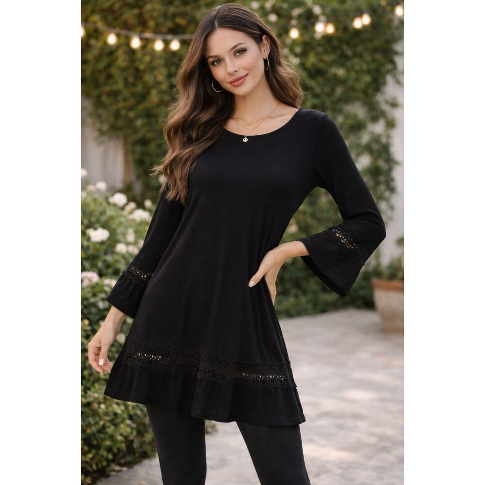 Altar'd State Black Tunic Boho Bell Sleeve Lace Features Modest Witchy